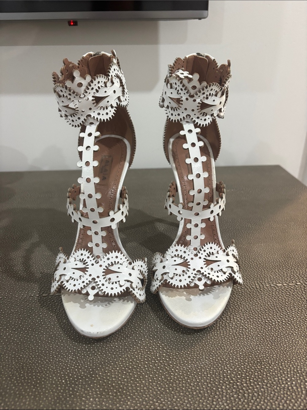 Alaia White Laser-Cut Strappy High Heel Sandals